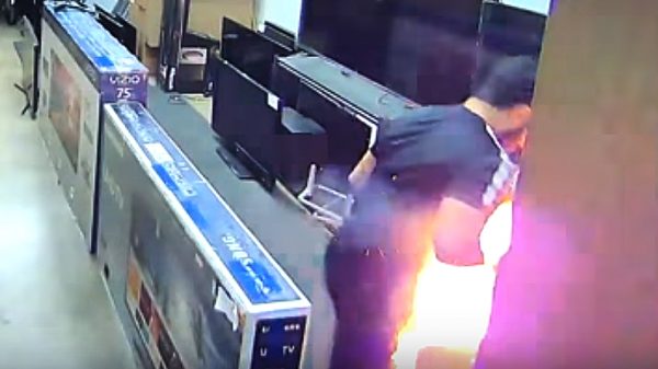 Mohamad Zayid Abdihdy was checking out a TV when his e-cigarette exploded in his pants pocket. (Screenshot/HDTV Outlet Anaheim via Storyful)