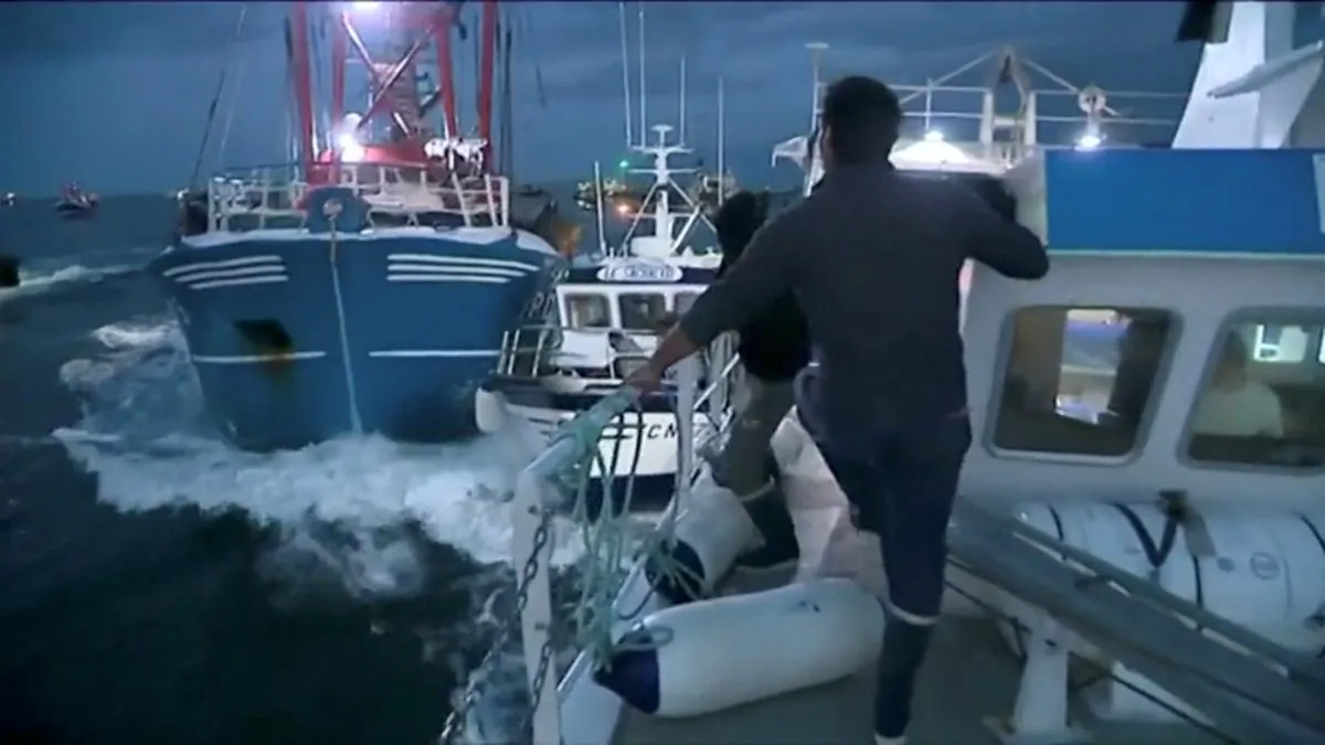 French and British fishing boats collide during a scrap over scallop fishing rights n the English Channel on Aug. 28, 2018. (France 3 Caen/via Reuters)