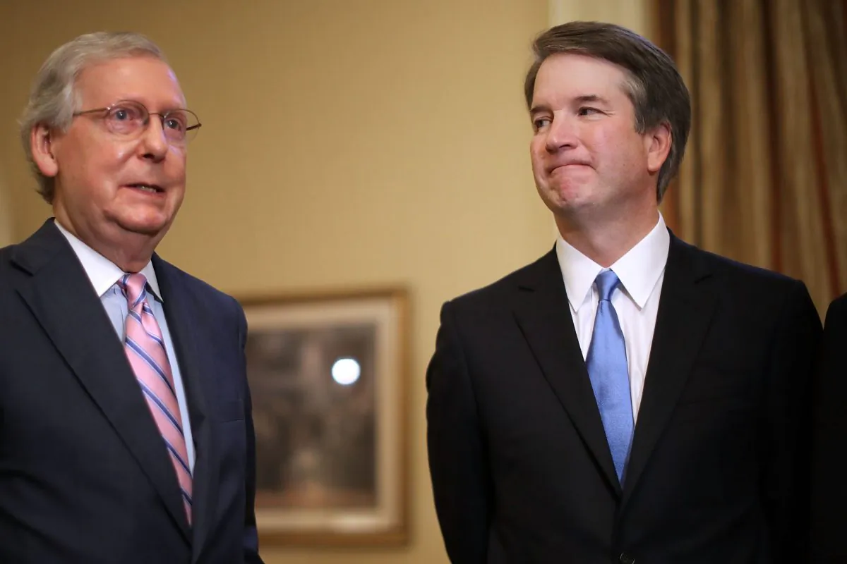 Senate Majority Leader Mitch McConnell (R-KY) (L) and Supreme Court nominee Judge Brett Kavanaugh in McConnell's office in the U.S. Capitol in Washington on July 10, 2018. Kavanaugh’s confirmation hearings are scheduled to begin on Sept. 4. (Chip Somodevilla/Getty Images)