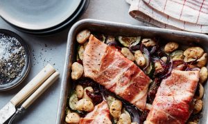 Prosciutto-Roasted Ruby Trout With Zucchini and Butter Beans