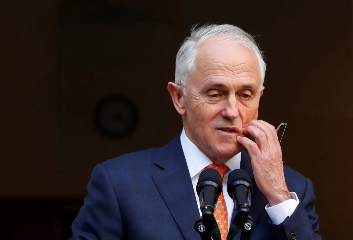 Former Australian Prime Minister Malcolm Turnbull pauses during a news conference after a party meeting in Canberra, Australia on Aug. 24, 2018. (David Gray/Reuters)