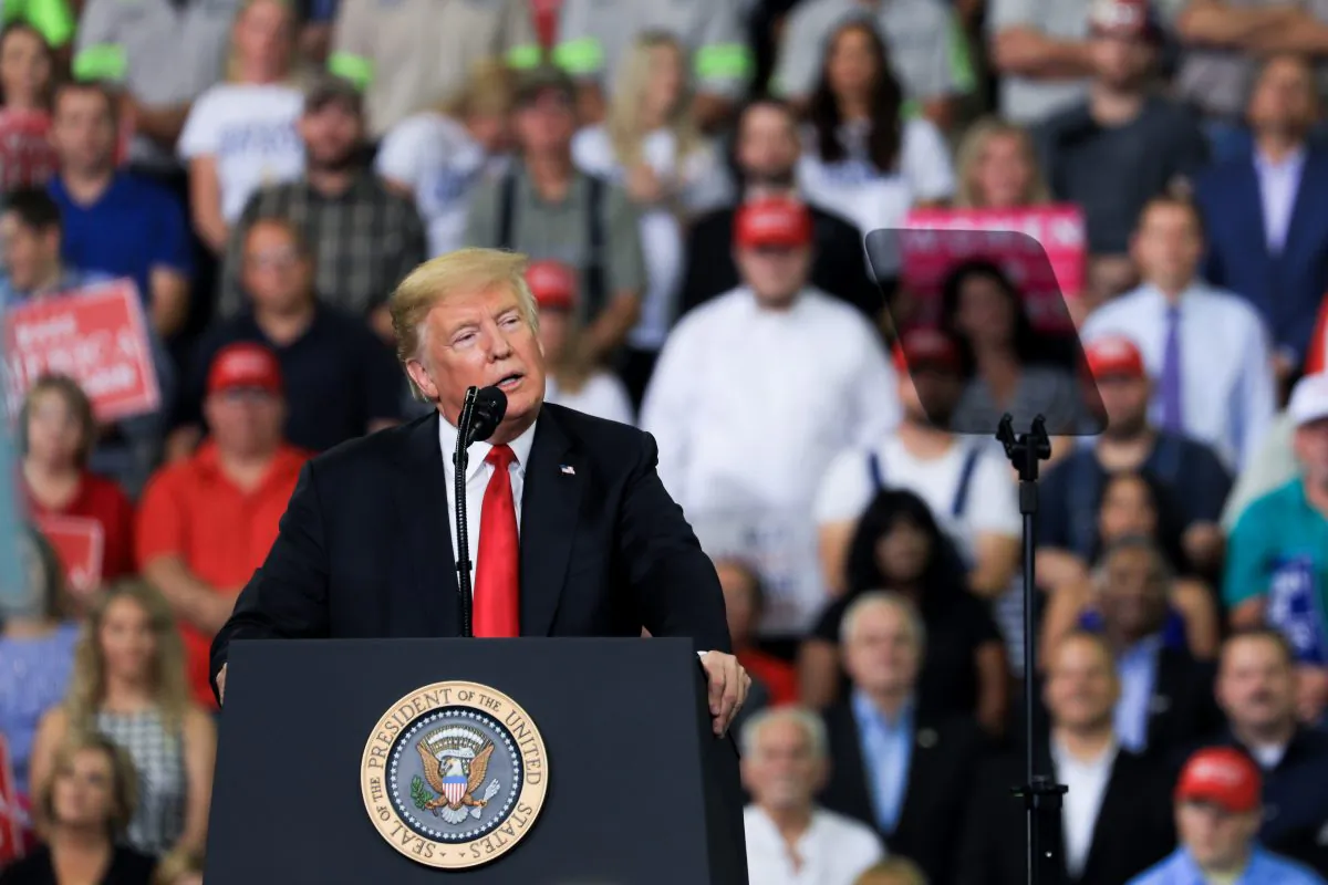 U.S. President Donald Trump at a Make America Great Again rally in Evansville, Indiana, on Aug. 30, 2018. (Charlotte Cuthbertson/The Epoch Times)