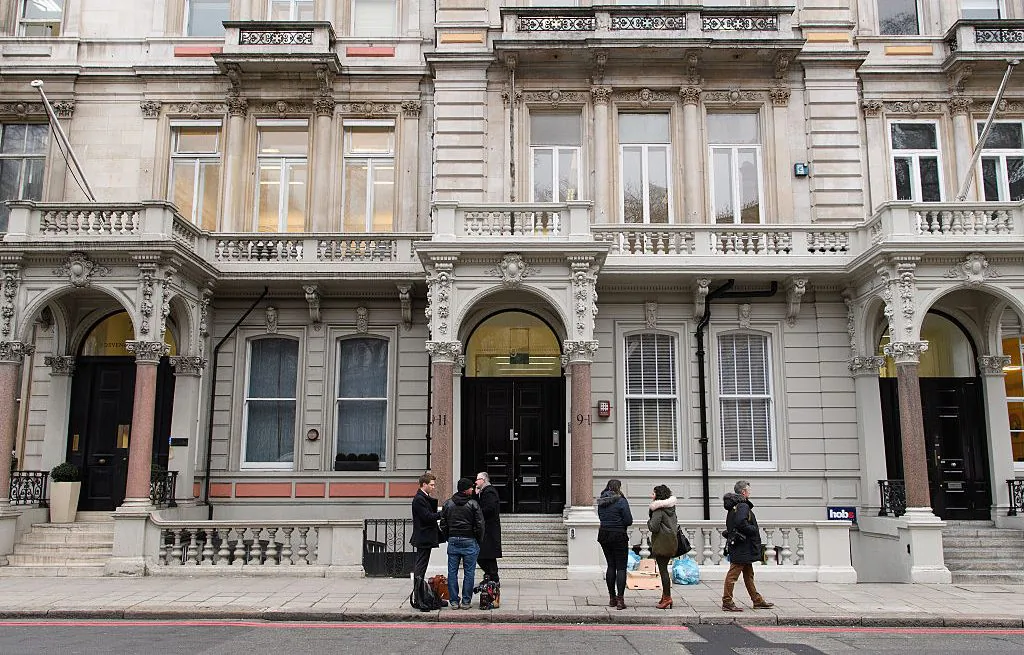 Journalists gather outside the headquarters of Orbis Business Intelligence, the company run by former intelligence officer Christopher Steele, on Jan. 12, 2017 in London, England. (Leon Neal/Getty Images)