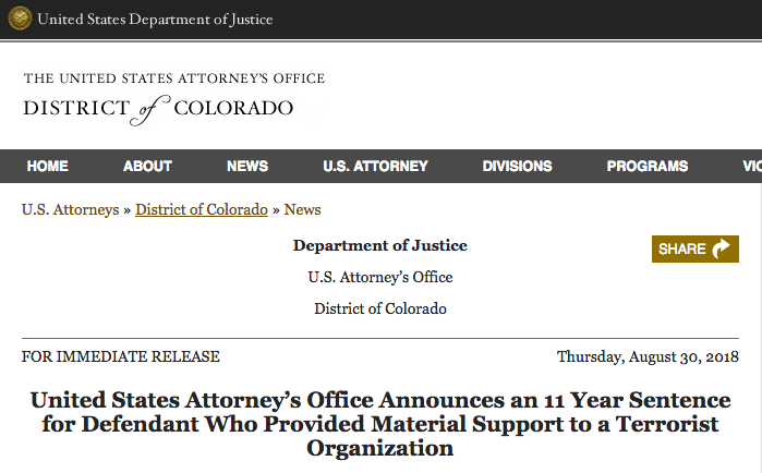 A Colorado man convicted of providing material support to a U.S.-designated terrorist group in his native Uzbekistan was sentenced on Aug. 30, 2018 to 11 years in prison, the U.S. Attorney’s Office in Denver said.(Screenshot/justice.gov)