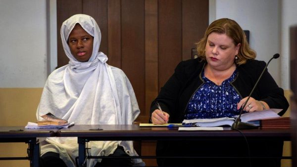 Defendant Subhannah Wahhaj sits next to her defense attorney Megan Mitsunaga during a hearing in Taos County District Court in Taos County, New Mexico