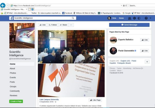 A Sep. 9, 2016, Facebook post by Link Campus University shared by its affiliated Facebook page Scientific Intelligence. The bottom photo appears to show the author of the presentation as Preston Ackerman of the Office of the Legal Attaché in Rome