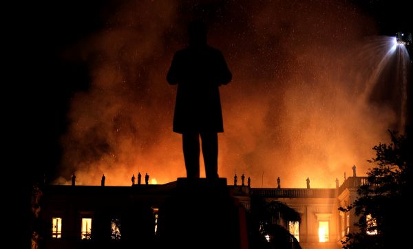 A fire burns at the National Museum of Brazil in Rio de Janeiro
