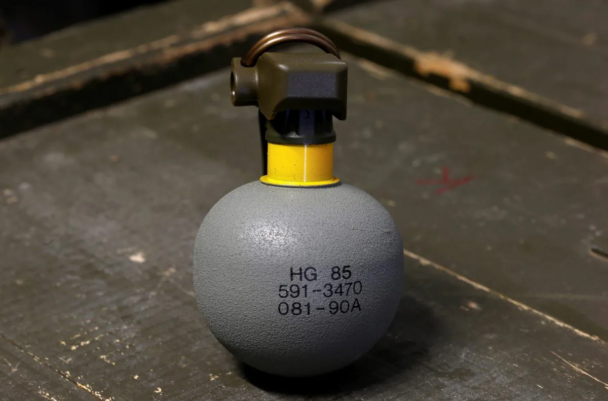 An HG 85 hand grenade is displayed at the Waffenplatz Zuerich-Reppischtal base of the Swiss Army in Birmensdorf, Switzerland on Jan. 19, 2017. (Reuters/Arnd Wiegmann/File Photo)