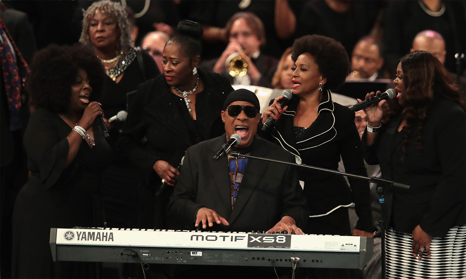 Stevie Wonder performs at the funeral for Aretha Franklin