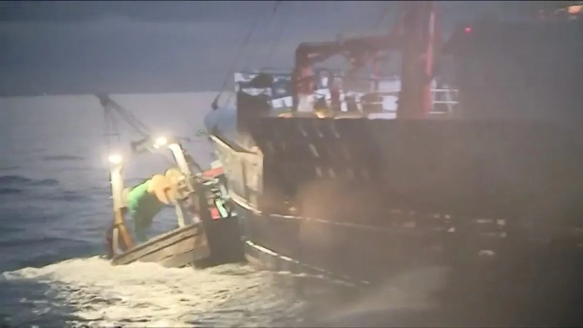 French and British fishing boats collide during a scrap over scallop fishing rights in the English Channel on Aug. 28, 2018. (France 3 Caen/via Reuters)