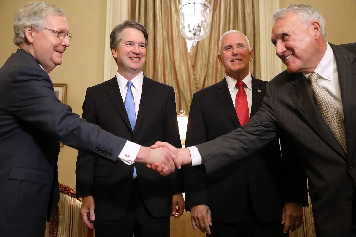 (L-R) Senate Majority Leader Mitch McConnell (R-KY), Judge Brett Kavanaugh, Vice President Mike Pence and former Sen. Jon Kyl (R-AZ) greet one another before a meeting in McConnell's office in the U.S. Capitol July 10, 2018 in Washington. (Chip Somodevilla/Getty Images)