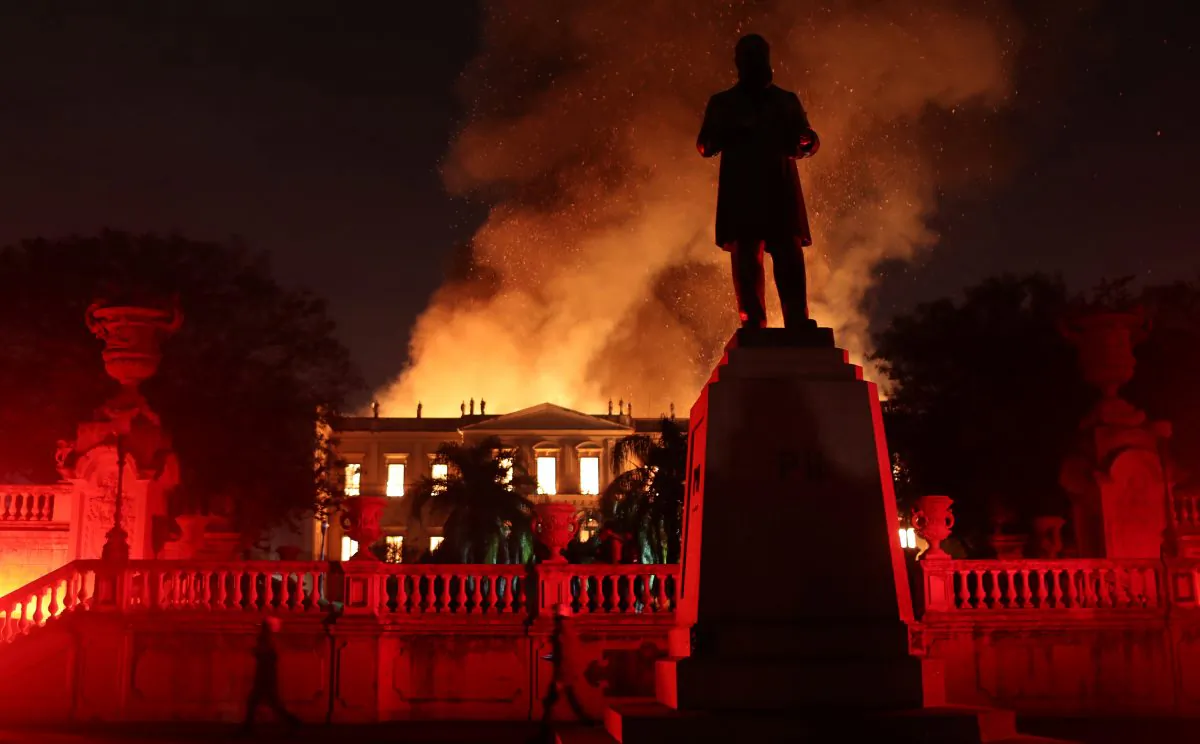 Firefighters try to extinguish a fire at the National Museum of Brazil in Rio de Janeiro. (Ricardo Moraes/Reuters)