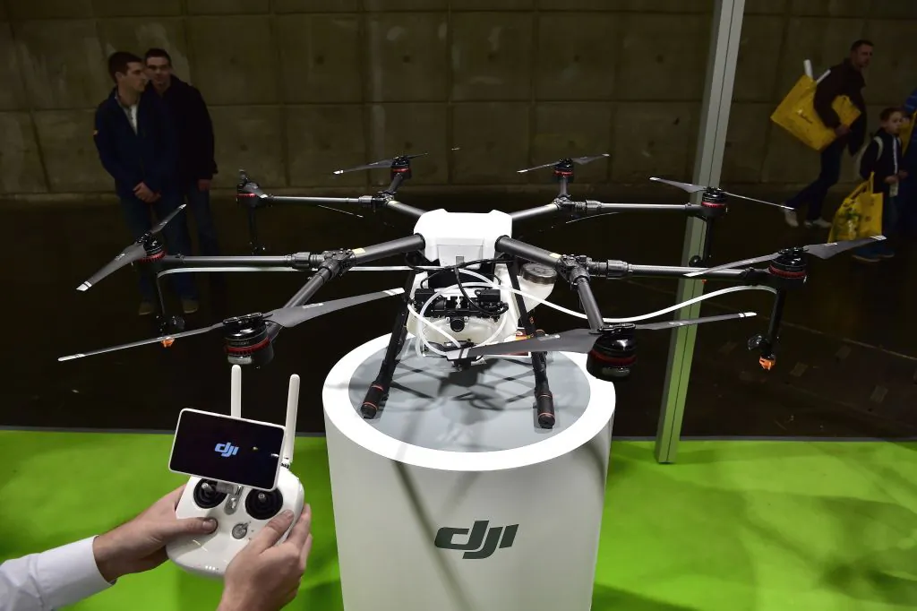 A DJI crop-spraying drone is displayed during the SIMA (Mondial des Fournisseurs de l'Agriculture et de l'Elevage) 2017 at the Parc des Expositions Paris Nord in Villepinte, France, on Feb. 26, 2017. (Christophe Archambault/AFP/Getty Images)