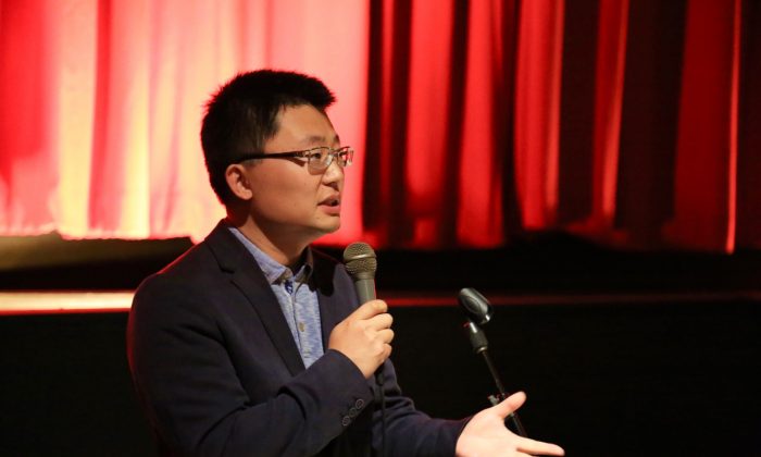 Leon Lee, director of the award-winning documentary “Letter from Masanjia,” speaks to the audience after the screening of his film at ByTowne Cinema in Ottawa on Sept. 3, 2018. (Donna He/The Epoch Times)
