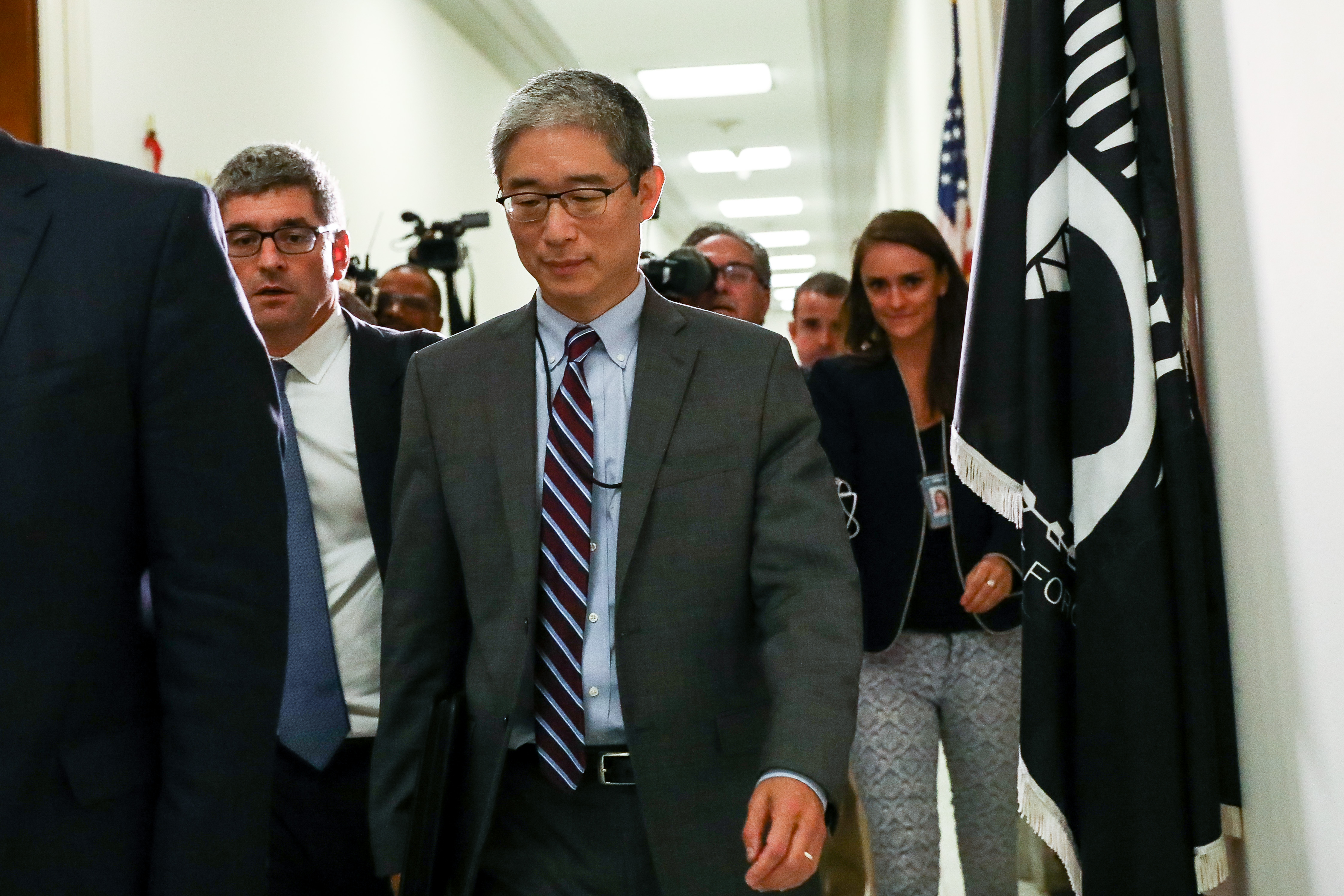 Bruce Ohr (C), a Justice Department official demoted from the posts of associate deputy attorney general and director of the Organized Crime Drug Enforcement Task Force, leaves for a lunch break from a closed hearing with the House Judiciary and House Oversight and Government Reform committees on Capitol Hill in Washington, on Aug. 28, 2018.