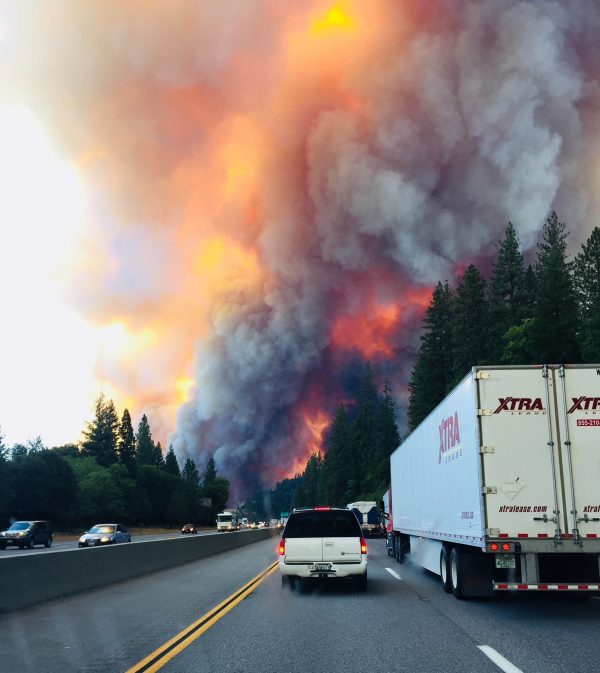 A fire rages near Lake Shasta