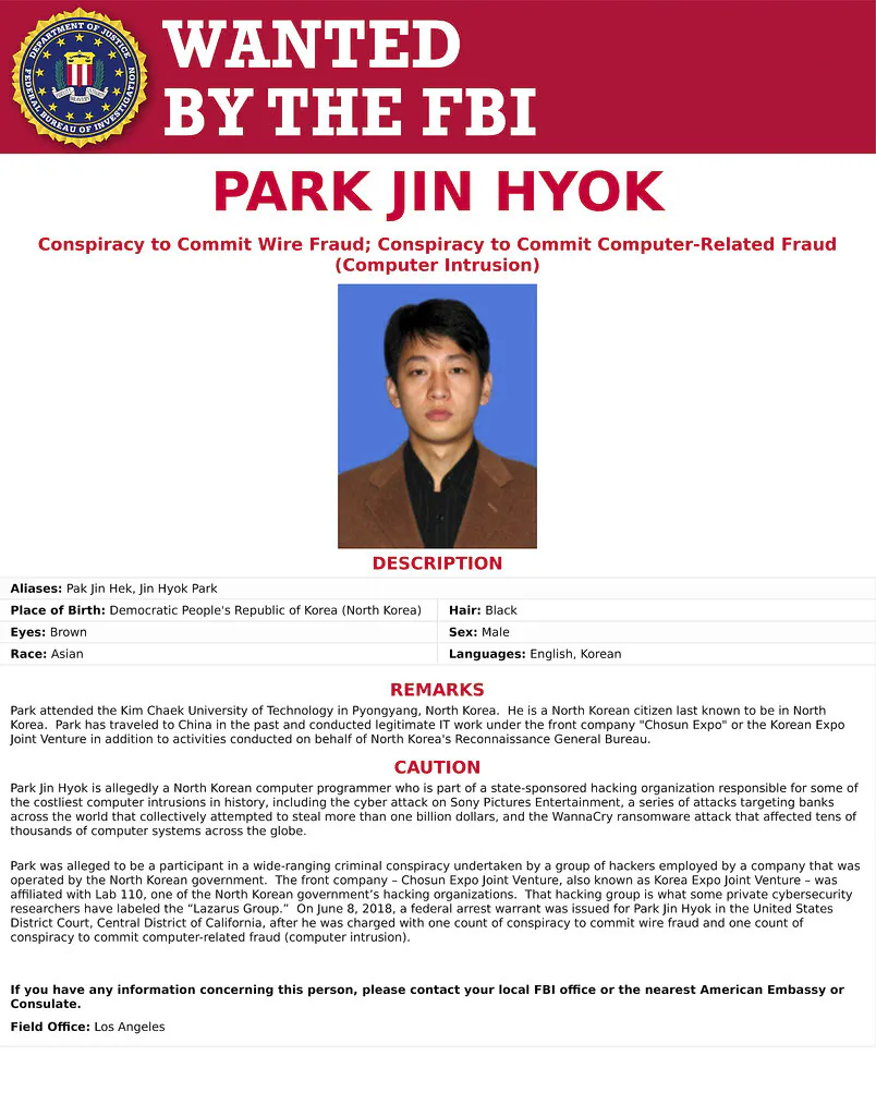This wanted poster released by the FBI shows a photo of Park Jin Hyok. Hyok, a computer programmer accused of working at the behest of the North Korean government, who was charged on Sept. 6, 2018. (FBI via AP)