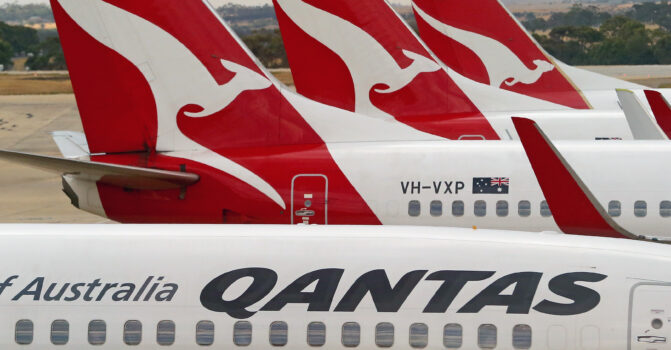 Qantas airplanes wait at Melbourne Tullamarine Airport