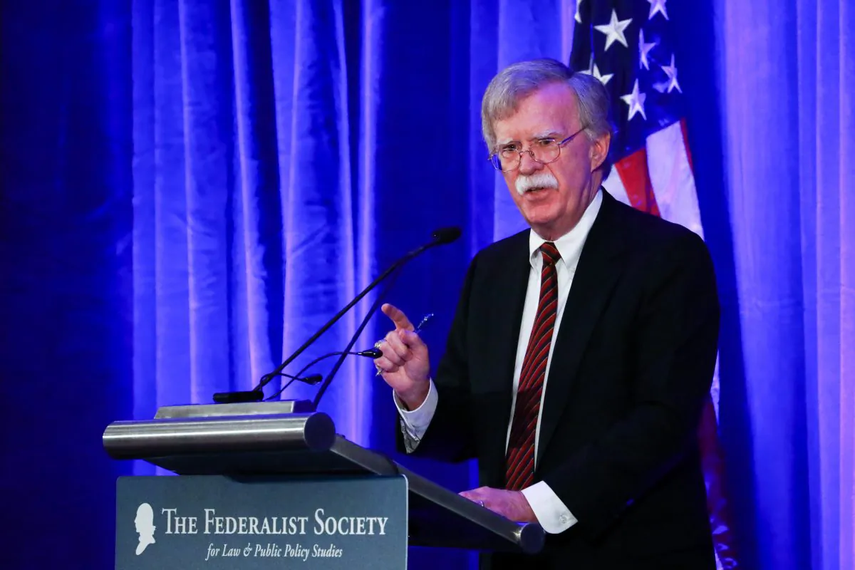National Security Adviser John Bolton speaks at a Federalist Society event at The Mayflower Hotel in Washington on Sept. 10, 2018. (Samira Bouaou/The Epoch Times)