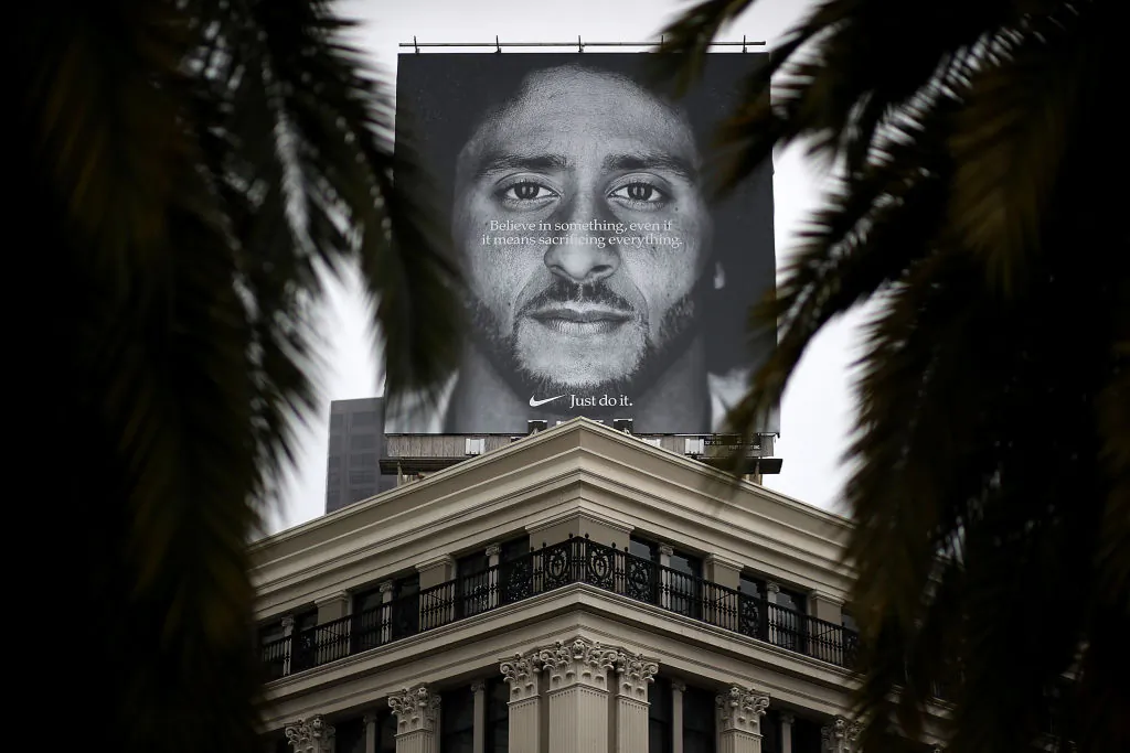 A billboard featuring former San Francisco 49ers quaterback Colin Kaepernick is displayed on the roof of the Nike Store in San Francisco, California on on Sept. 5, 2018. (Justin Sullivan/Getty Images)