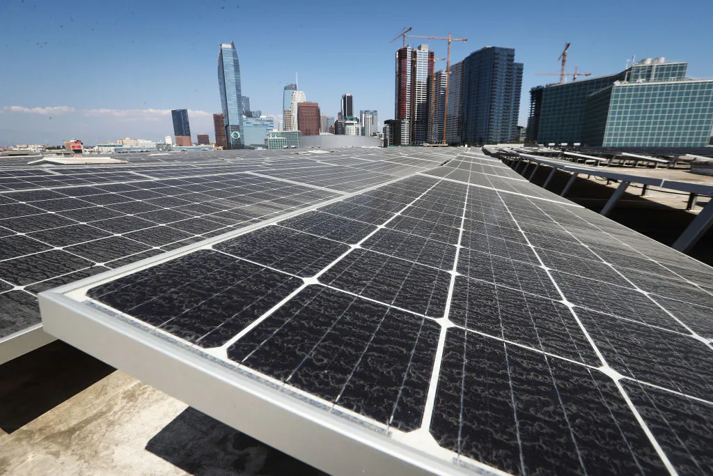 Solar panels are mounted atop the roof of the Convention Center in Los Angeles on Sept. 5, 2018. (Mario Tama/Getty Images)