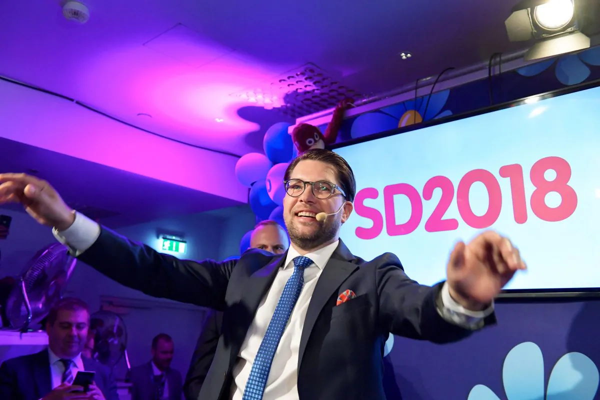 Jimmie Akesson of the Sweden Democrats speaks at the election party at the Kristallen restaurant in central Stockholm on Sept. 9, 2018. (Anders Wiklund/AFP/Getty Images)