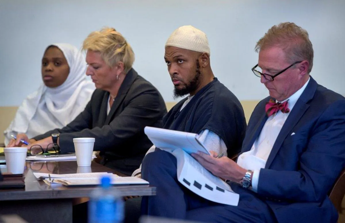 Jany Leveille (L to R) next to her defense lawyer, Kelly Golightley, defendant Siraj Ibn Wahhaj, and his defense lawyer, Tom Clark, at a hearing in Taos County District Court in Taos County, N.M., on Aug. 29, 2018. (Eddie Moore/Pool via Reuters)