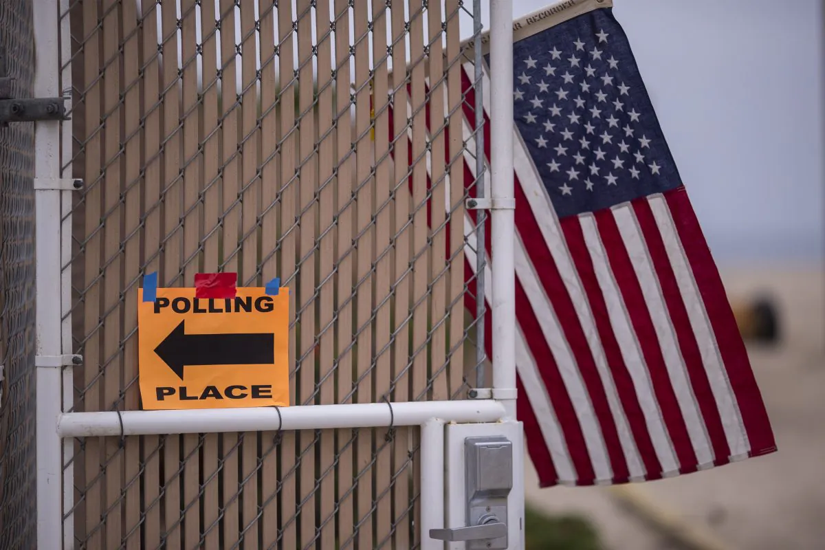 Polling place signage is seen at a Los Angeles County lifeguard headquarters at Venice in Los Angeles, California, on June 5, 2018. (David McNew/Getty Images)
