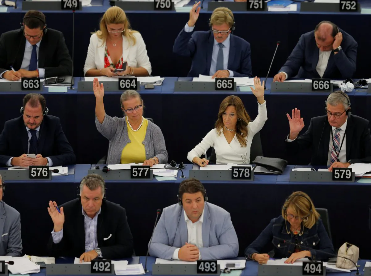 Members of the European Parliament take part in a vote on modifications to EU copyright reforms during a voting session at the European Parliament in Strasbourg, France, on Sept. 12, 2018. (Reuters/Vincent Kessler)