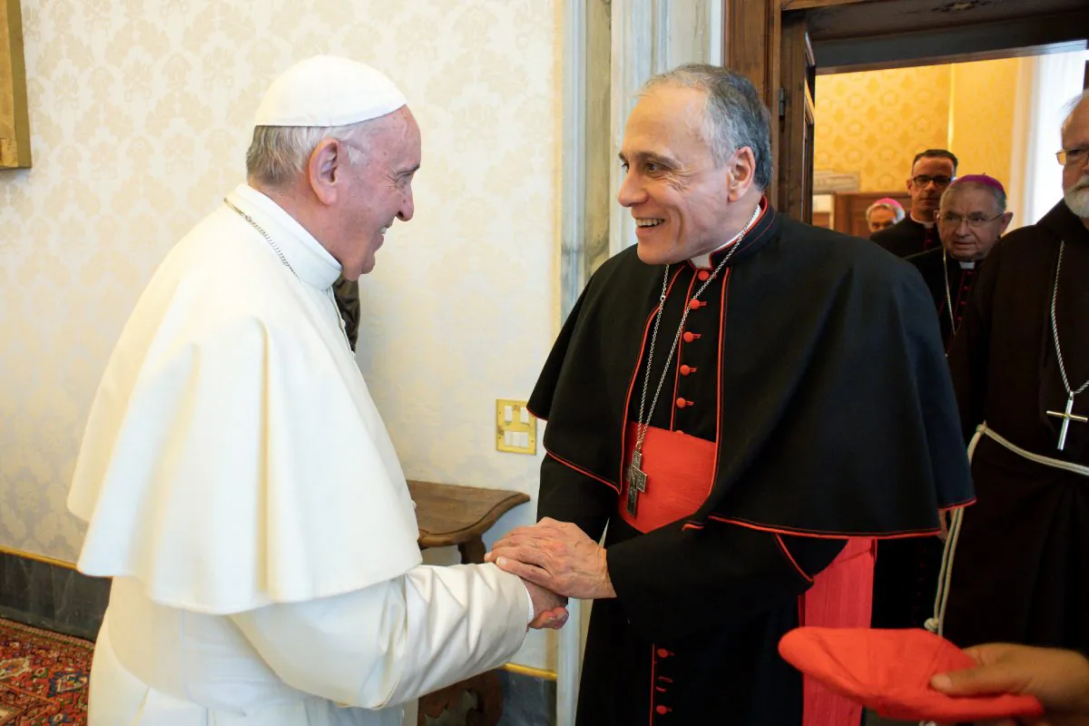Pope Francis shakes hands with Cardinal Daniel DiNardo, Archbishop of Galveston-Houston, as he arrives with other U.S. Catholic Church leaders at the Vatican on Sept. 13, 2018. (Vatican Media/Handout via REUTERS)