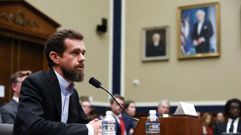 Jack Dorsey, CEO of Twitter Inc., testifies at a hearing to examine foreign influence operations' use of social media platforms before the Intelligence Committee at the Capitol in Washington on Sept. 5, 2018. (Samira Bouaou/The Epoch Times)