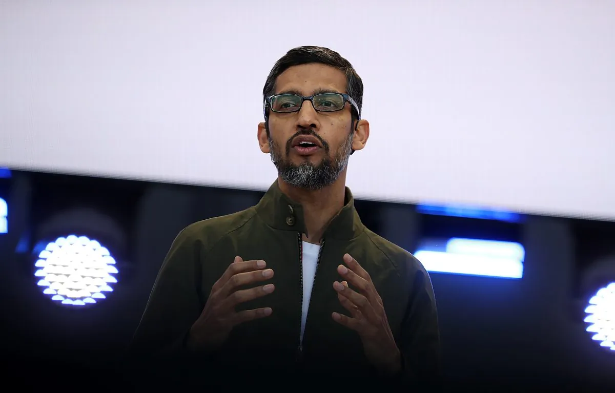 Google CEO Sundar Pichai delivers the keynote address at the Google I/O 2018 Conference in Mountain View, California, on May 8, 2018. (Justin Sullivan/Getty Images)