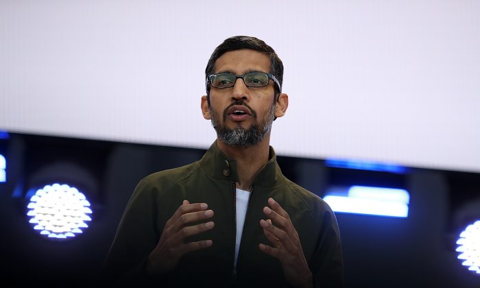 Google CEO Sundar Pichai delivers the keynote address at the Google I/O 2018 Conference in Mountain View, California, on May 8, 2018. (Justin Sullivan/Getty Images)