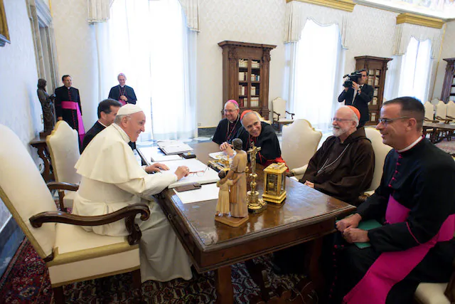 Pope Francis meets U.S. Catholic Church leaders Cardinal Daniel DiNardo, Archbishop of Galveston-Houston, Archbishop of Los Angeles JosŽ Horacio G—mez, Cardinal Sean Patrick OÕMalley, Archbishop of Boston, and Monsignor Brian Bransfield, General Secretary of the US Conference of Catholic Bishops, during a private audience at the Vatican, Sept. 13, 2018. (Vatican Media/Reuters)