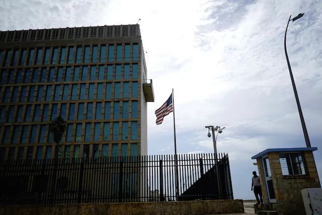 A security officer stands next to the U.S. Embassy in Havana, Cuba, on June 8, 2018. (Alexandre Meneghini/Reuters)