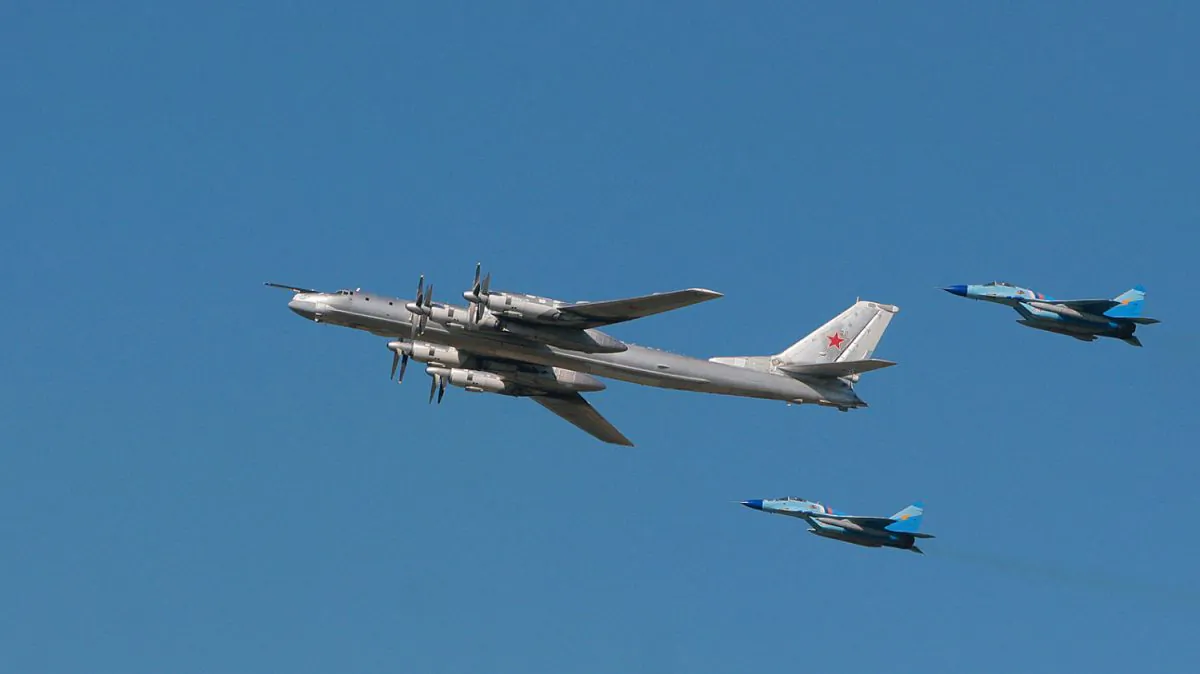 Russian strategic bomber TU-95 surrounded by MiG-29s are seen flying in a file photo. (AFP/Getty Images)