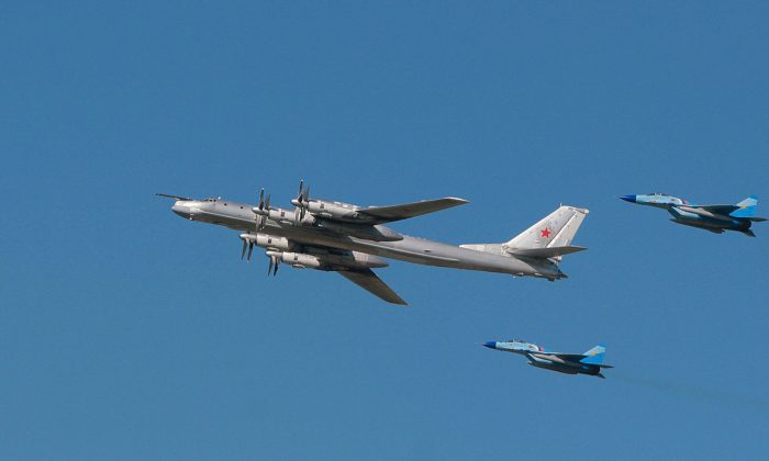 Russian strategic bomber TU-95 surrounded by MiG-29s are seen flying in a file photo. (AFP/Getty Images)