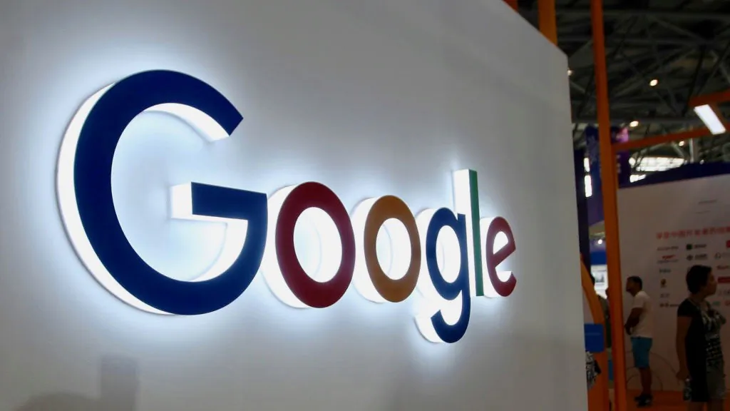 The Google logo on display at the Smart China Expo at Chongqing International Expo Center in southwest China's Chongqing on August 23, 2018. (STR/AFP/Getty Images)