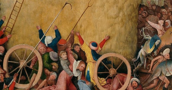 Detail of "Haywain" with people caught up in hay.