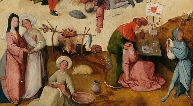 A detail from "The Haywain" where people pursue everyday activities.