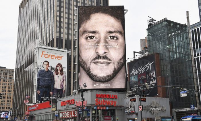 A Nike Ad featuring NFL quarterback Colin Kaepernick is on diplay September 8, 2018 in New York City. (Angela Weiss/AFP/Getty Images)