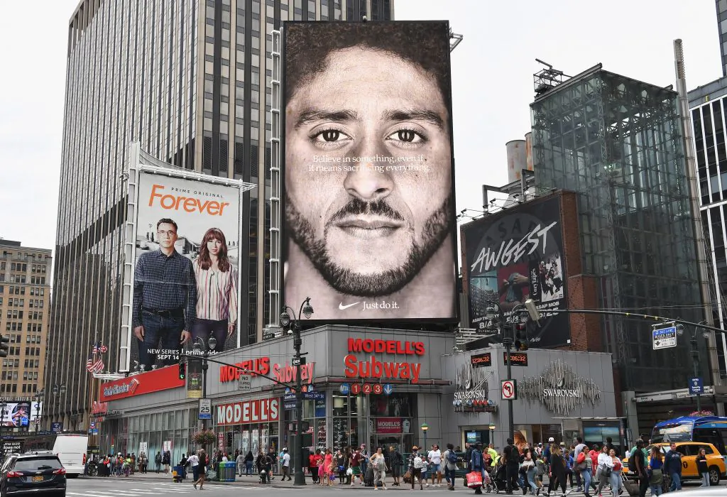 A Nike Ad featuring NFL quarterback Colin Kaepernick is on diplay September 8, 2018 in New York City. (Angela Weiss/AFP/Getty Images)