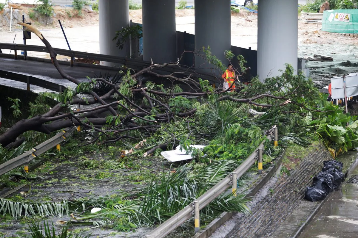 A street blocked by fallen trees and scattered leaves after Typhoon Mangkhut hit, in Shenzhen City, Guangdong Province, China, on September 17, 2018. (Jason Lee/Reuters)