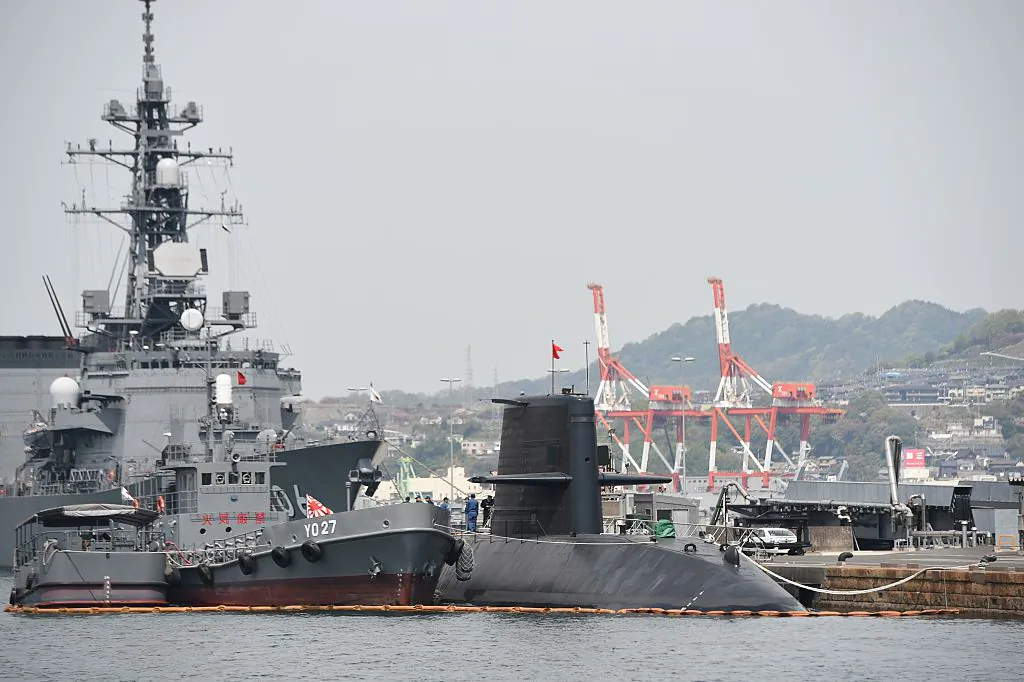 A Japan Maritime Self Defence Forces submarine is moored at a pier in Kure, Hiroshima prefecture in Japan on April 12, 2016. (Toshifumi Kitamura//AFP/Getty Images)