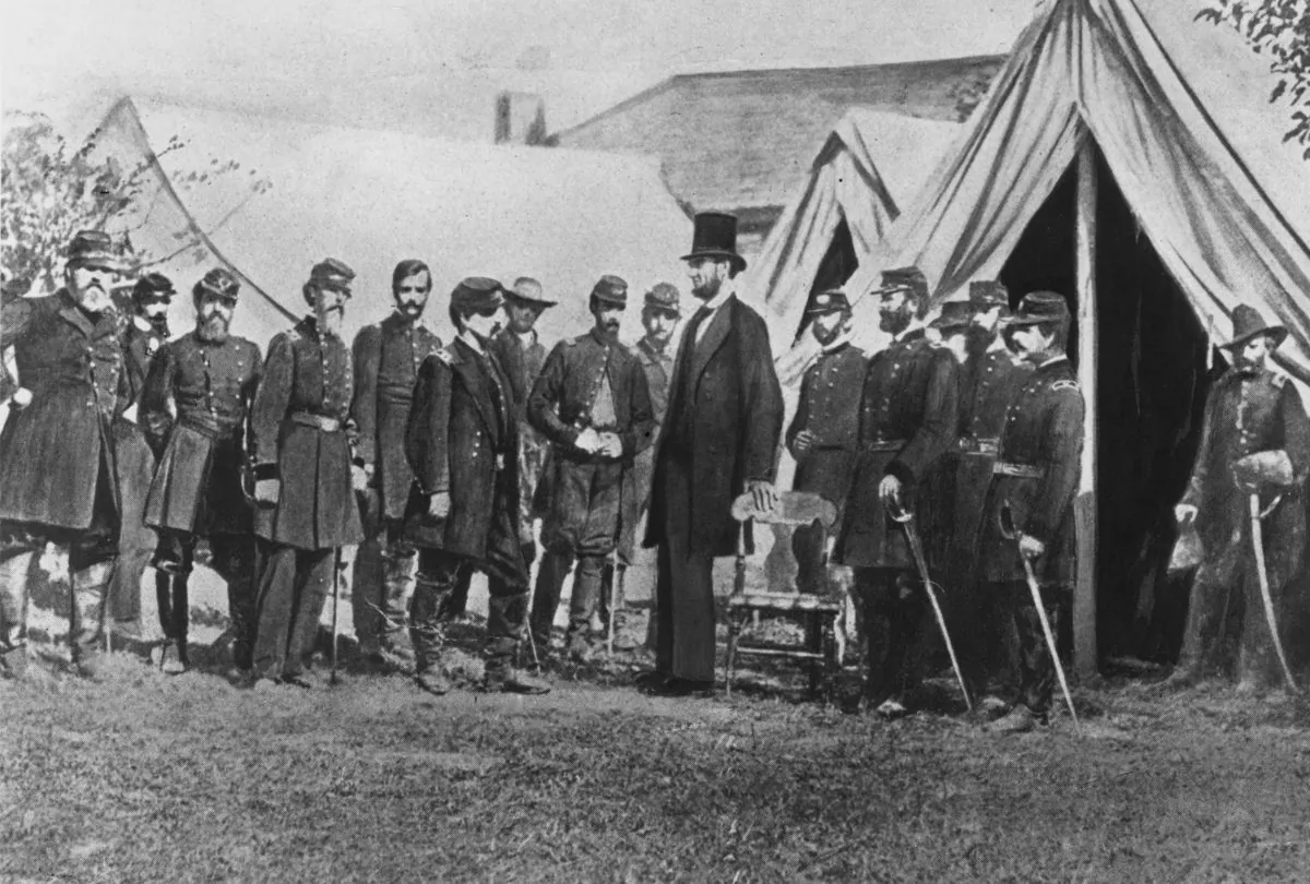 President Abraham Lincoln visits soldiers encamped at the Civil War battlefield of Antietam in Maryland on Oct. 1, 1862. (Rischgitz/Getty Images)
