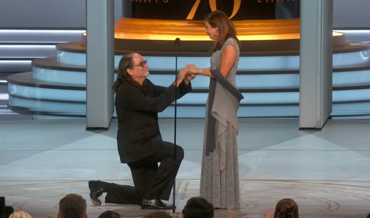 Emmy winner Glenn Weiss proposed on stage during the live broadcast in Los Angeles, at the Microsoft Theater on Sept. 17, 2018. (Screenshot/The Television Academy)