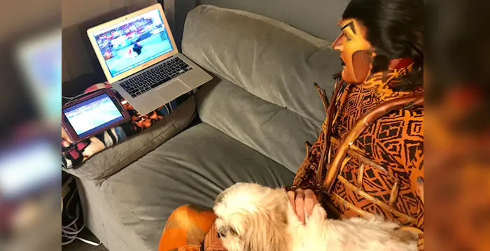 Stephen Carlile backstage for a production of The Lion King with his dog, Sugar (Courtesy of Stephen Carlile)