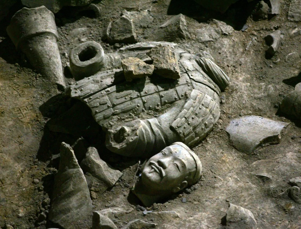 A view of relics of ancient terracotta warriors is seen in the No.2 pit of the Qin Terracotta Warriors and Horses Museum on October 24, 2007 in Lintong of Shaanxi Province, China. (China Photos/Getty Images)