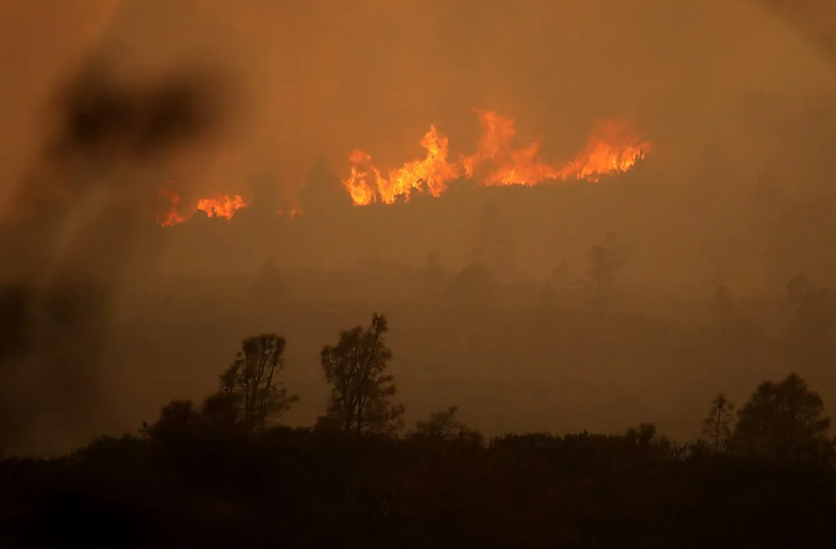 Flames from the Mendocino Complex fire burn a ridge near Lodoga, Calif. on Aug. 8, 2018. (Justin Sullivan/Getty Images)