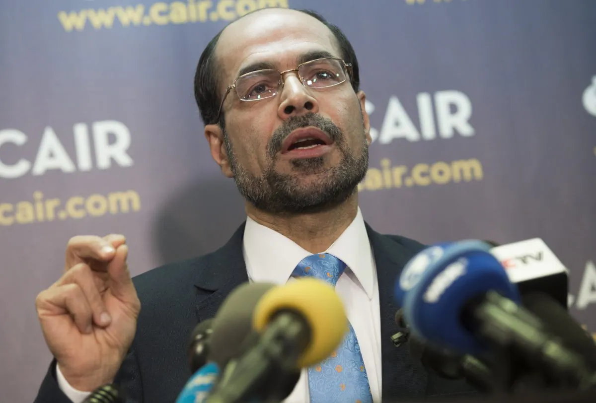 Council on American-Islamic Relations (CAIR) executive director Nihad Awad speaks about a lawsuit the organization filed against President Donald Trump and his administration on the ban of travelers from 7 countries by Executive Order, during a press conference at CAIR headquarters in Washington, D.C., on Jan. 30, 2017. (Saul Loeb/AFP/Getty Images)